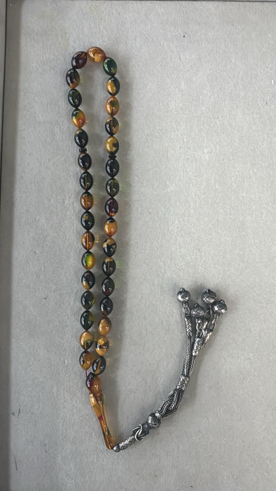 Sıkma Kehribar Renk Cümbüşü El İşi Trabzon Örme Gümüş Kazaz Püskül Tesbih 13 Numara