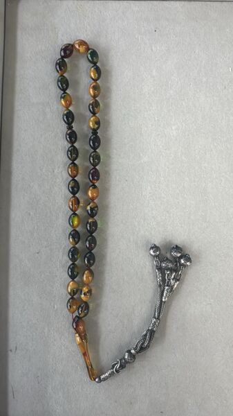 Sıkma Kehribar Renk Cümbüşü El İşi Trabzon Örme Gümüş Kazaz Püskül Tesbih 13 Numara