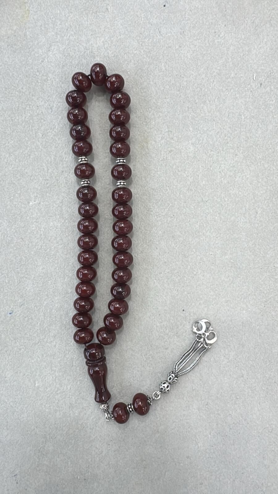 Sıkma Kehribar Gümüş Başlık Tesbih 22 Numara