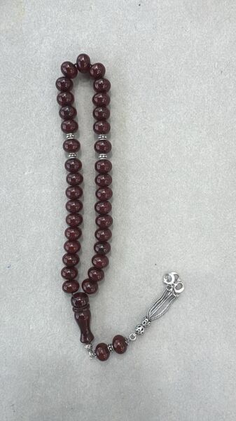 Sıkma Kehribar Gümüş Başlık Tesbih 22 Numara